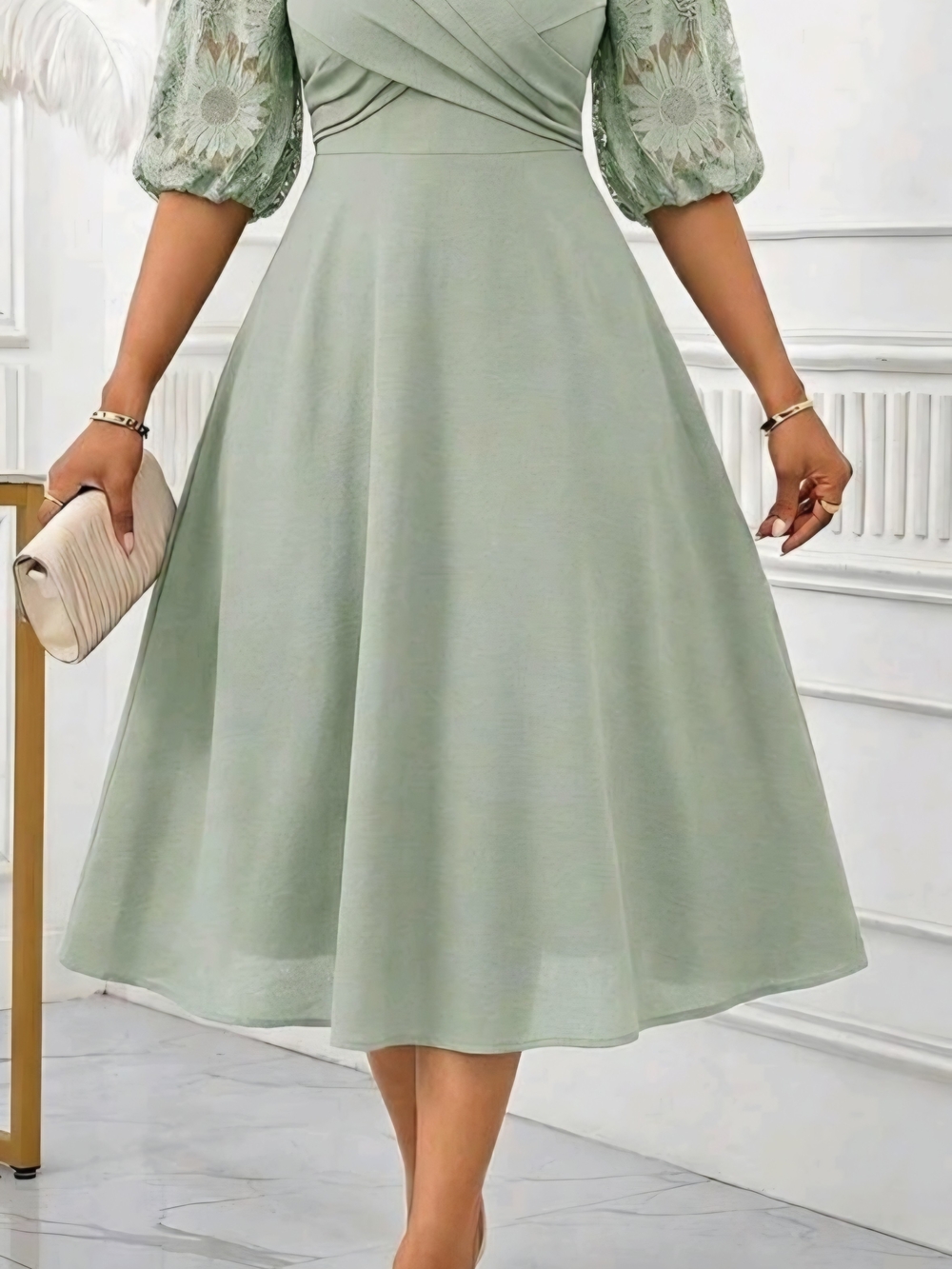 SHEIN Sage Green Midi Dress with Lace Puff Sleeves